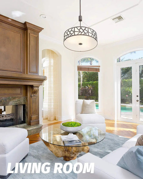 Living room with Go To Farmhouse Drum Pendant Light 3 Light Chandelier 18 Inch Adjustable Hanging Fixture in Oil Rubbed Bronze