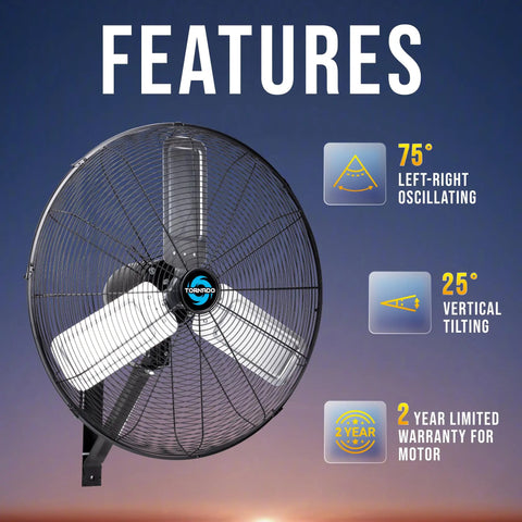 High Velocity 24 Inch Pro Series Oscillating Wall Fan Heavy Duty With 3 Speeds 7200 CFM, features 75° oscillation, 25° tilt.