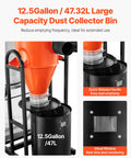 VEVOR 1.5HP Cyclone Dust Collector, 763 CFM High Suction Power With 12.5 Gallon Bag And Base Stand showing large capacity dust collector bin.