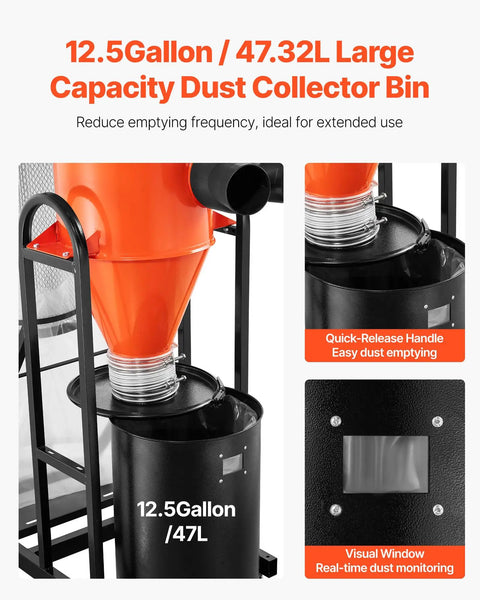 VEVOR 1.5HP Cyclone Dust Collector, 763 CFM High Suction Power With 12.5 Gallon Bag And Base Stand showing large capacity dust collector bin.