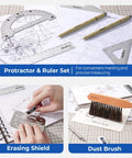 Pro Level Drafting Tools And Geometry Set 21 Piece Architecture Kit With Rugged Carry Case showing protractor, rulers, and design tools.