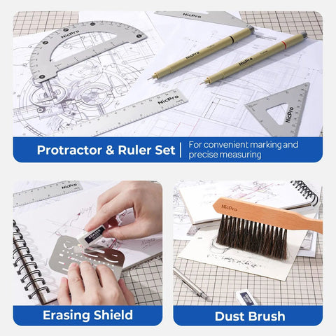 Pro Level Drafting Tools And Geometry Set 21 Piece Architecture Kit With Rugged Carry Case showing protractor, rulers, and design tools.