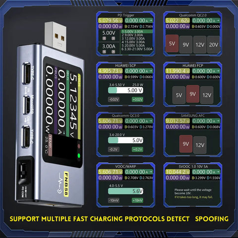 All In One USB Power Tester And Multimeter With App, LCD display, USB A, Micro USB, Type-C ports, protocol detection