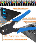 Straight Up Pro RJ45 Crimping Tool Kit With Cat5 Cat6 Cable Tester And Wire Stripper showing sharp cable stripper and various RJ plugs.