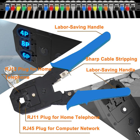 Straight Up Pro RJ45 Crimping Tool Kit With Cat5 Cat6 Cable Tester And Wire Stripper showing sharp cable stripper and various RJ plugs.
