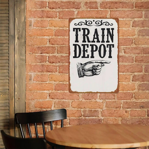 Train Depot Aluminum Wall Decor 12x8 Inch, railroad sign on brick wall in dining area with chair and table