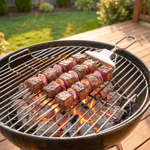 3 Way Grill Skewers With Push Off Slider 14.7 Inch Stainless Steel Kabob Sticks For Grilling Multiple Pieces Non Spin Design
