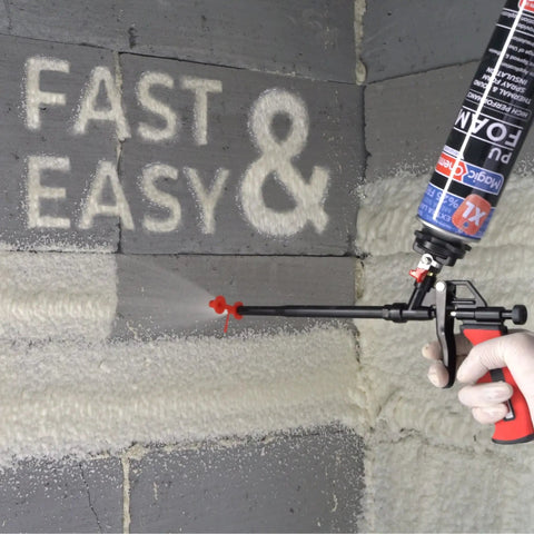 This Knockout Spray Foam Insulation Kit Includes Twelve Two Pound Expanding Sealant Cans Paired With A Smooth Firing Teflon Coated Gun In Use.
