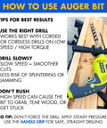 Side view of Ryobi cordless drill with 1/2-inch x 12-inch wood auger bit attached to a wooden board