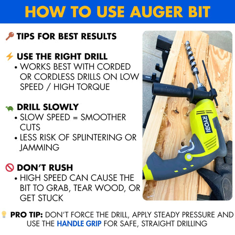 Side view of Ryobi cordless drill with 1/2-inch x 12-inch wood auger bit attached to a wooden board