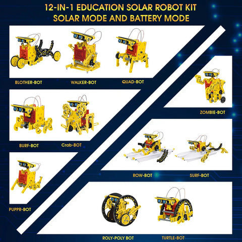 12 build options of the Solar Powered Robot Kit For Kids Ages 8 To 12 12 In 1 Hands On Build Your Own Robot With Solar Panel