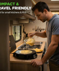 Man using Electric Crepe Maker And Griddle 12 Inch Nonstick Reversible Hot Plate in RV kitchen
