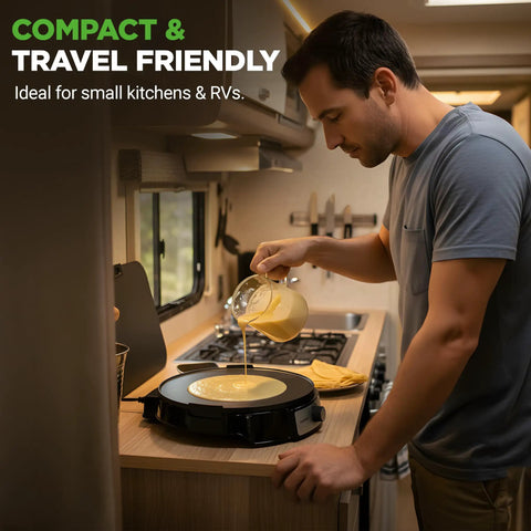 Man using Electric Crepe Maker And Griddle 12 Inch Nonstick Reversible Hot Plate in RV kitchen