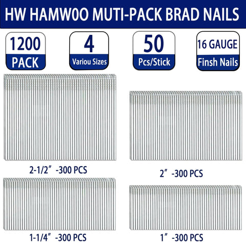 Rock Solid 16 Gauge Stainless Steel Finish Nails One Inch Through Two And A Half Sizes 1200 Count packed in various sizes with 50 pieces per stick.