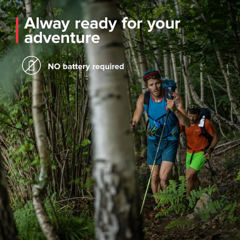 Hikers navigating forest trail wearing All Weather Wrist Compass With Velcro Strap For Easy Navigation From City Streets To Backcountry