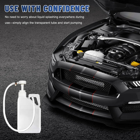 Smooth Shift Fluid Pump For Standard Quart Jugs And Transmission Sump With 4Cc Per Stroke Differential Gear Oil Manual Hand Rig with bendy hose next to a car engine.