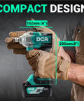 Heavy Duty Cordless Impact Wrench With Brushless Motor, Cranks Out 503 Ft Lbs Raw Torque, shown in hand with dimensions.