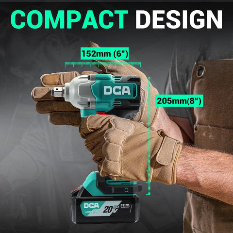Heavy Duty Cordless Impact Wrench With Brushless Motor, Cranks Out 503 Ft Lbs Raw Torque, shown in hand with dimensions.