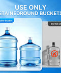 Two StainedRound water buckets suitable for 4-In-1 Water Dispenser With Ice Maker For Home And Office Hot Cold And Room Temp Water Plus Fast Ice Top Loading 2 To 5 Gallon Bottle Fit Child Safety Lock Space Saving Water Cooler, one non-compatible bottle.