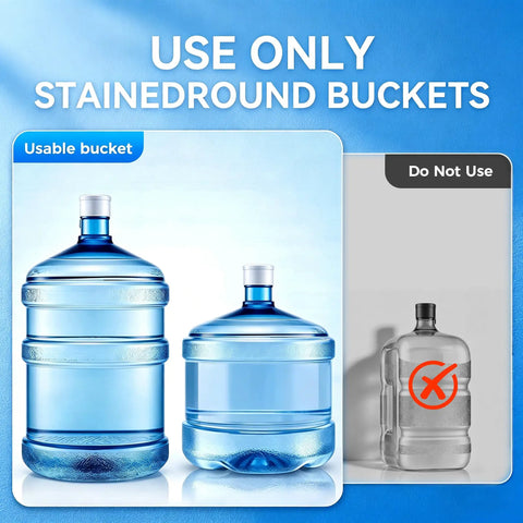 Two StainedRound water buckets suitable for 4-In-1 Water Dispenser With Ice Maker For Home And Office Hot Cold And Room Temp Water Plus Fast Ice Top Loading 2 To 5 Gallon Bottle Fit Child Safety Lock Space Saving Water Cooler, one non-compatible bottle.