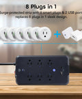 No Fuss Smart Power Strip With Individual Outlet Control, Rock Solid Surge Protection, Dual Fast Charging Usb A And C Ports, Straight Ahead Cable Management For Home Or Gaming Setup Black with 6 smart plugs and 2 USB ports.