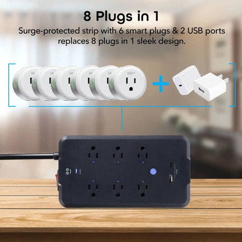 No Fuss Smart Power Strip With Individual Outlet Control, Rock Solid Surge Protection, Dual Fast Charging Usb A And C Ports, Straight Ahead Cable Management For Home Or Gaming Setup Black with 6 smart plugs and 2 USB ports.