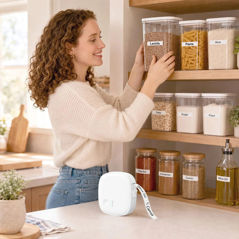 Gotta Love This Straight Up Compact Bluetooth Label Printer With Self Adhesive Tape Wireless Thermal Mini Label Maker in kitchen with labeled jars.