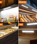 Motion Sensor LED Lights 6 Pack Battery Operated With 10 LEDs Per Bar illuminating closets, wardrobes, drawers, and steps
