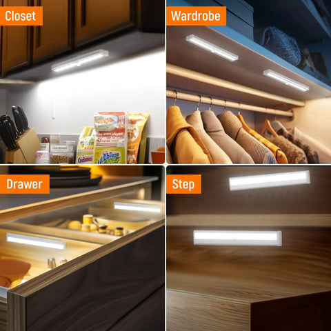 Motion Sensor LED Lights 6 Pack Battery Operated With 10 LEDs Per Bar illuminating closets, wardrobes, drawers, and steps