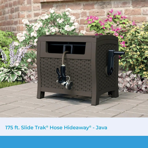 Wicker Style Hose Hideaway With 175 Ft Resin Hose Reel Java Outdoor Garden Reel With Slide Trak Guide And Crank Handle