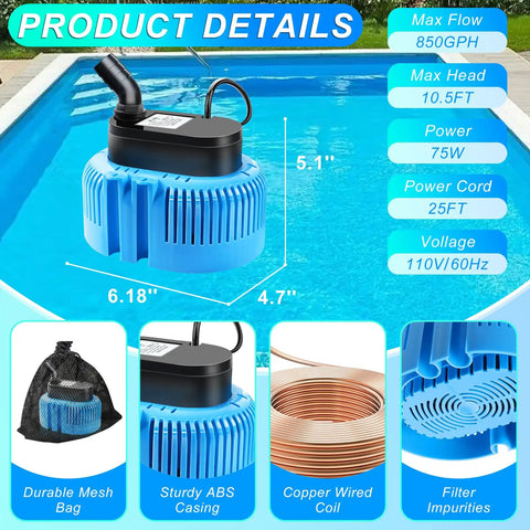 Above Ground Pool Cover Pump Submersible Sump Pump For Draining Water Fast 850 GPH Blue with product details shown.