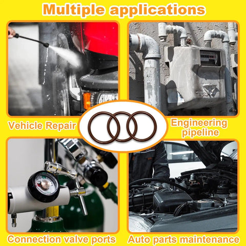 Viton O Ring Assortment Kit 382 Pcs SAE 30 Sizes Brown O Ring Set showing multiple applications in vehicle and engineering repair.