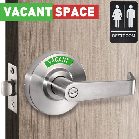 Vacant Or In Use Bathroom Indicator With Privacy Handle Lock And Extra Large Window ANSI Grade 2 Stainless Steel See From 50 Feet No Guesswork For Restrooms Crowd Control Ready For Office And Public Use showing 'Vacant' status on door handle.