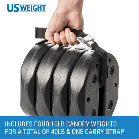 Hand holding Set Of Four 40 Pound Canopy Weights With Carry Strap Heavy Duty No Pinch Design For Easy Installation And Secure Tents Canopies And Umbrellas At Outdoor Events