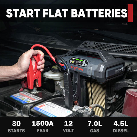 Person using Beast 1500A Jump Starter With Air Compressor Portable 12V Car Battery Booster on car engine
