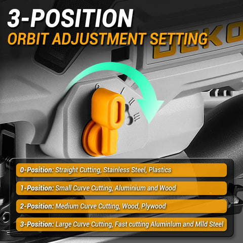 3-position orbit adjustment setting on Tough As Nails Corded Jigsaw Saw, highlighting cutting options for different materials.
