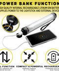 Waterproof Rechargeable LED Flashlight And Power Bank For Camping And Outdoor Adventures Rugged IP68 Submersible Light With Shockproof Design Multiple Brightness Levels Built For Backcountry Hiking And Boating Hurricanes Survival Gear And Prep, shown charging a smartphone with a USB cable.