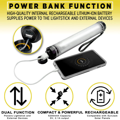 Waterproof Rechargeable LED Flashlight And Power Bank For Camping And Outdoor Adventures Rugged IP68 Submersible Light With Shockproof Design Multiple Brightness Levels Built For Backcountry Hiking And Boating Hurricanes Survival Gear And Prep, shown charging a smartphone with a USB cable.