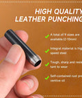 Close-up of hand holding punch tool from Leather Circle Cutter Set With 10 Round Punch Tools And High Carbon Steel Dies For Precise DIY Leathercraft Cuts 2mm To 10mm Size Range 40mm Height Pro Grade Durable Leatherworking Kit.