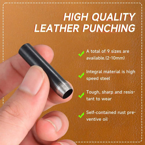 Close-up of hand holding punch tool from Leather Circle Cutter Set With 10 Round Punch Tools And High Carbon Steel Dies For Precise DIY Leathercraft Cuts 2mm To 10mm Size Range 40mm Height Pro Grade Durable Leatherworking Kit.