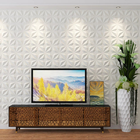 33 Pack 3D Wall Panels PVC Textured White 12x12 Inches Interior Wall Decor in living room with wooden console and plant