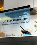 30 Inch Under Cabinet Range Hood With 750 CFM Power in modern kitchen, showcasing stainless steel design and Pull Out Panel
