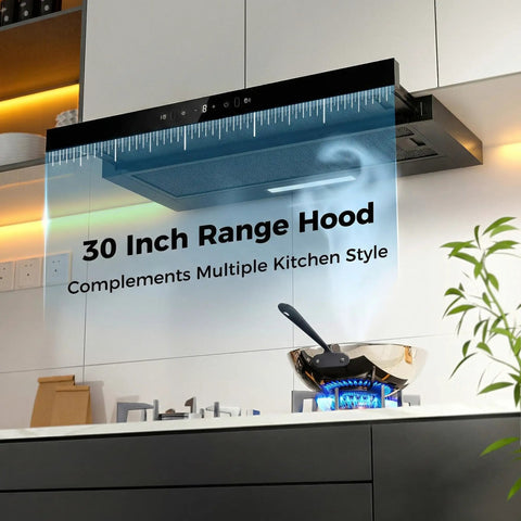 30 Inch Under Cabinet Range Hood With 750 CFM Power in modern kitchen, showcasing stainless steel design and Pull Out Panel