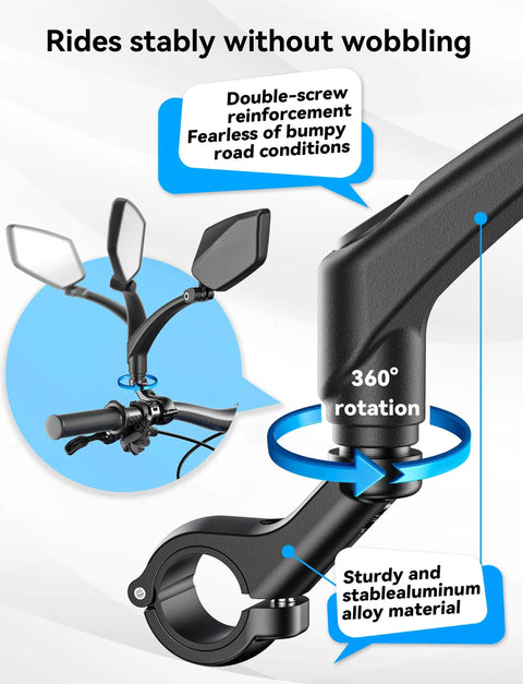 Close-up of 360 Degree Adjustable Bike Mirror With Long Arm Handlebar Mount for scooters and e bikes, featuring aluminum clamp.