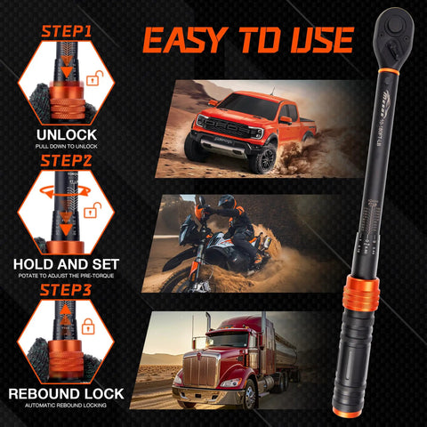 Half Inch Drive Torque Wrench Workhorse With Dual Scale Readout 10-180 Ft Lb And 13.6-244 Nm Dual Direction 72 Tooth Ratchet