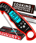 Digital Meat Thermometer Instant Read For Cooking And Grilling With Ultra Fast One To Two Second Read Pre Calibrated Probe displayed with packaging and instructions
