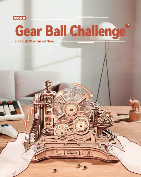 3D Wooden Puzzle And Marble Run Kit For Adults And Teens, Build And Play DIY Gear Ball Challenge With Auto Lift, Ramps And Victory Bell, Retro Gamepad Styled Model Building Toy For Christmas And Birthday Gifts. Wooden gear ball puzzle with marble run and auto lift on desk