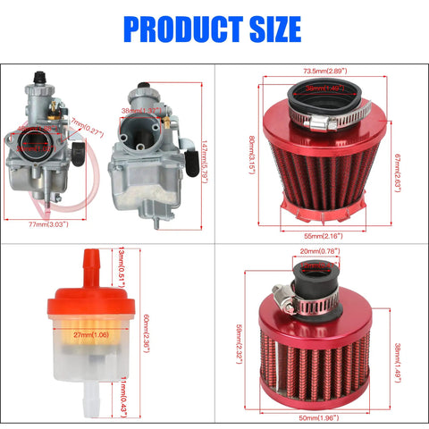 VM22 Carburetor Kit Replacement For Predator 212cc 196cc 224cc Engines product components and dimensions display