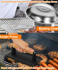 All In One Griddle Accessories Kit For Flat Top Grills 25 Piece Set BBQ Ready Cookout Gear showing basting cover and burger press