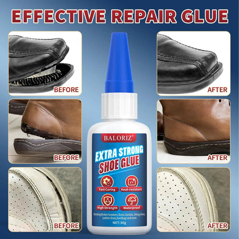 Heavy Duty Shoe Glue For Soles And Shoes Quick Dry Instant Adhesive with product bottle and before-after shoe repair images